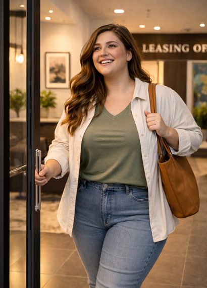 A young woman with a shoulder bag pulling open a glass door into a warmly lit lobby.