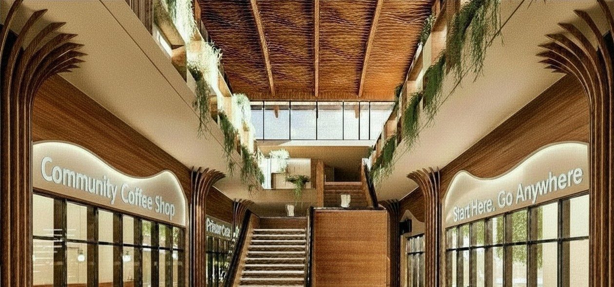 The daylit atrium: timber arches, hanging greenery and a wide central stair, with the community coffee shop along one side.