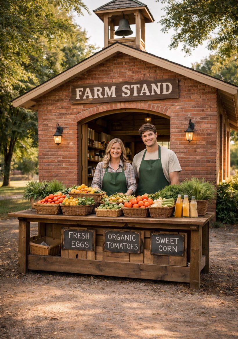 A restored brick one-room schoolhouse with a Farm Stand sign, trestle tables of vegetables out front and two people in aprons.