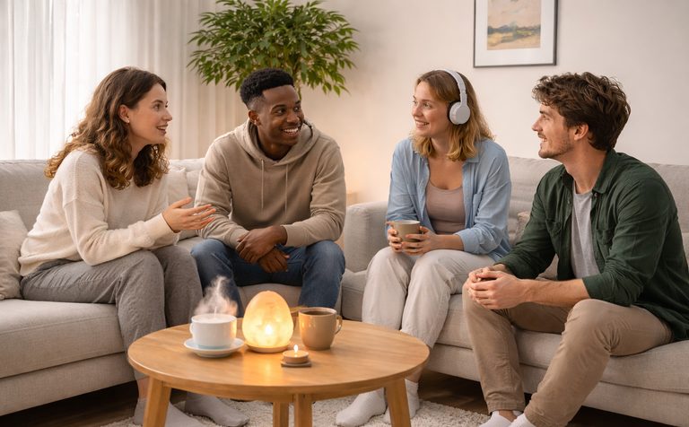 Four young adults sitting together on a sofa in a living room, talking; one is wearing headphones.