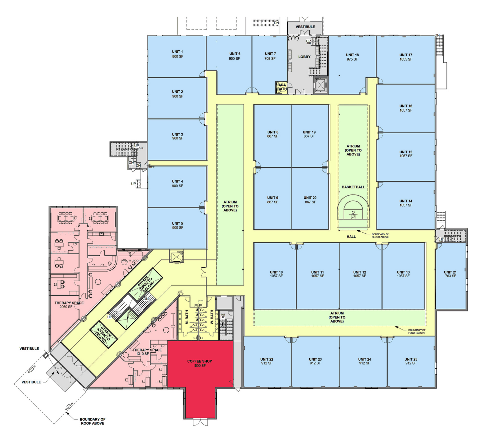 First floor plan: apartments around the outside, an open atrium through the middle, and the therapy suite and coffee shop to one side.