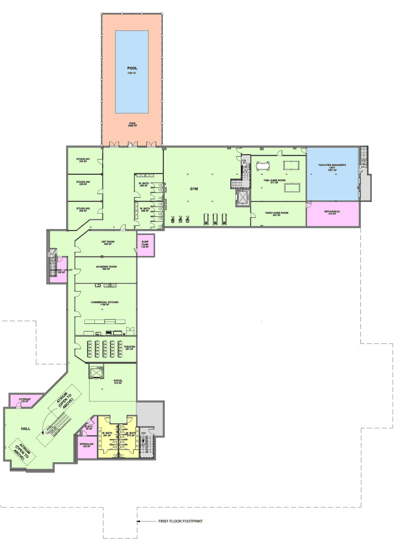 Lower level plan: indoor pool, gym, table-game and video-game rooms, commercial kitchen, art and academic rooms, and a small theatre.