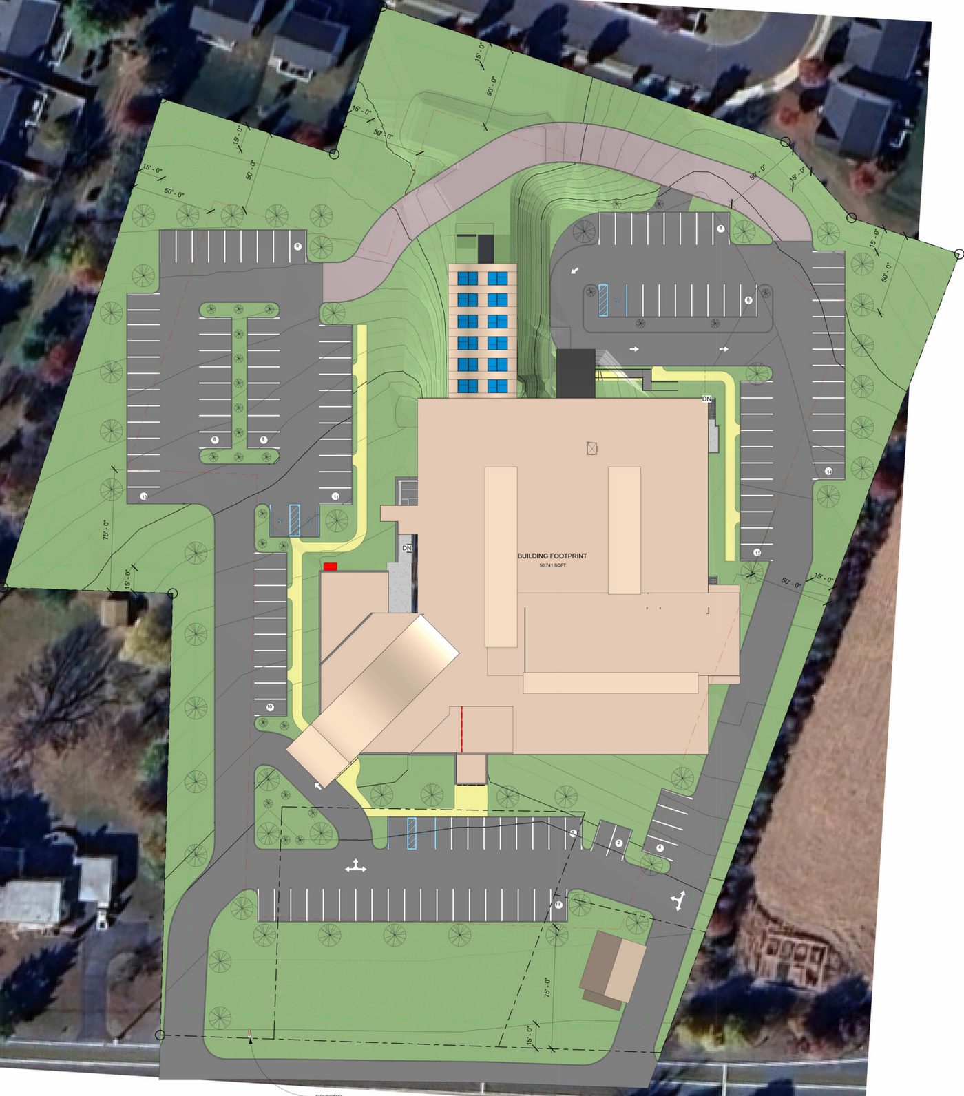 The proposed site plan: the building set in the middle of the property, with parking to the north and south and planting around it.