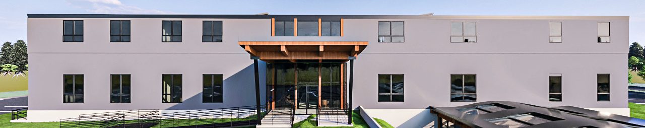 The residents' entrance at the centre of the rear elevation, under a timber canopy with a ramped approach.